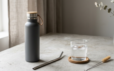 Une mise en scène moderne montre une paille en inox avec une gourde et une brosse de nettoyage. L’ensemble illustre un usage réutilisable, pratique et plus premium au quotidien.