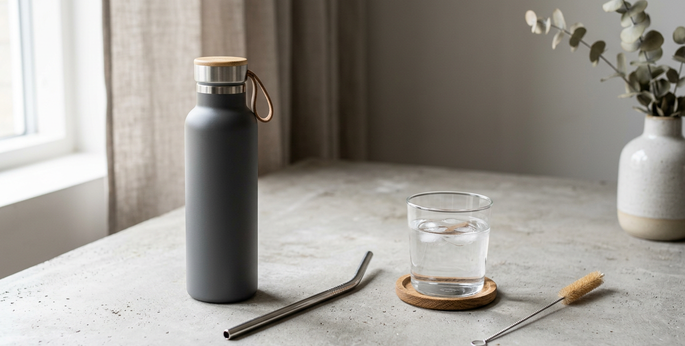 Une mise en scène moderne montre une paille en inox avec une gourde et une brosse de nettoyage. L’ensemble illustre un usage réutilisable, pratique et plus premium au quotidien.