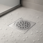 Illustration d’une douche moderne mettant en avant la problématique du calcaire et la protection du drainage. L’image suggère un usage pratique, propre et rassurant au quotidien.