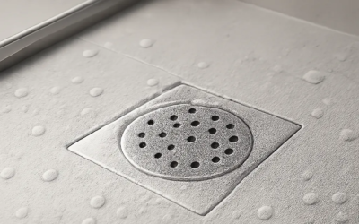 Illustration d’une douche moderne mettant en avant la problématique du calcaire et la protection du drainage. L’image suggère un usage pratique, propre et rassurant au quotidien.