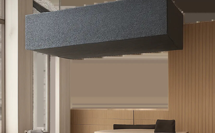 Illustration d’un panneau acoustique suspendu dans un intérieur contemporain, pensé pour réduire la réverbération sans alourdir l’espace. L’image met en valeur une solution discrète, design et efficace pour améliorer le confort sonore.
