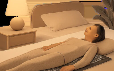 Illustration d’un rituel du soir apaisant avec un tapis d’acupression. L’image évoque la détente du dos, de la nuque, des épaules et des jambes avant le coucher.
