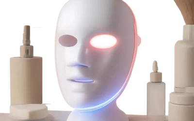 Visuel premium d’un masque visage LED dans un univers minimaliste et apaisant. L’image évoque une routine de photothérapie à domicile simple, moderne et crédible.