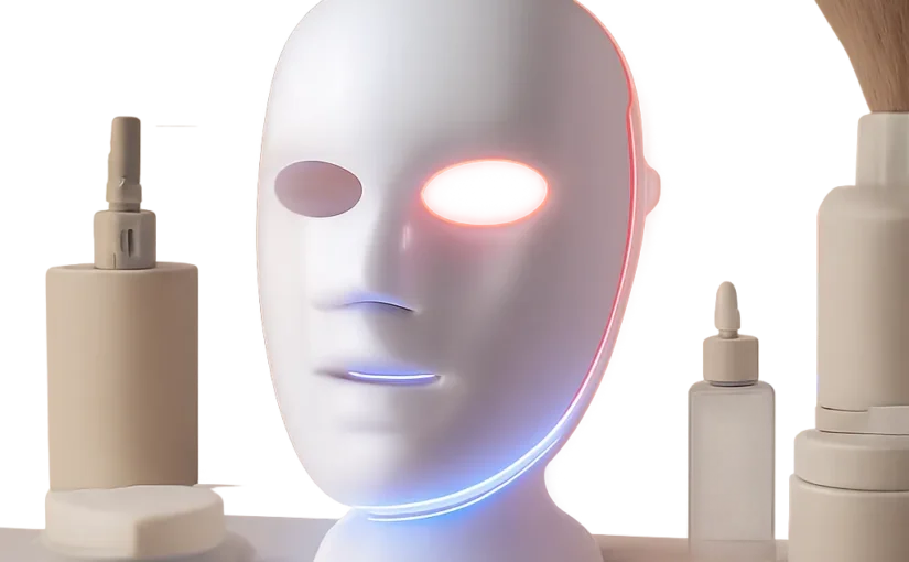 Visuel premium d’un masque visage LED dans un univers minimaliste et apaisant. L’image évoque une routine de photothérapie à domicile simple, moderne et crédible.